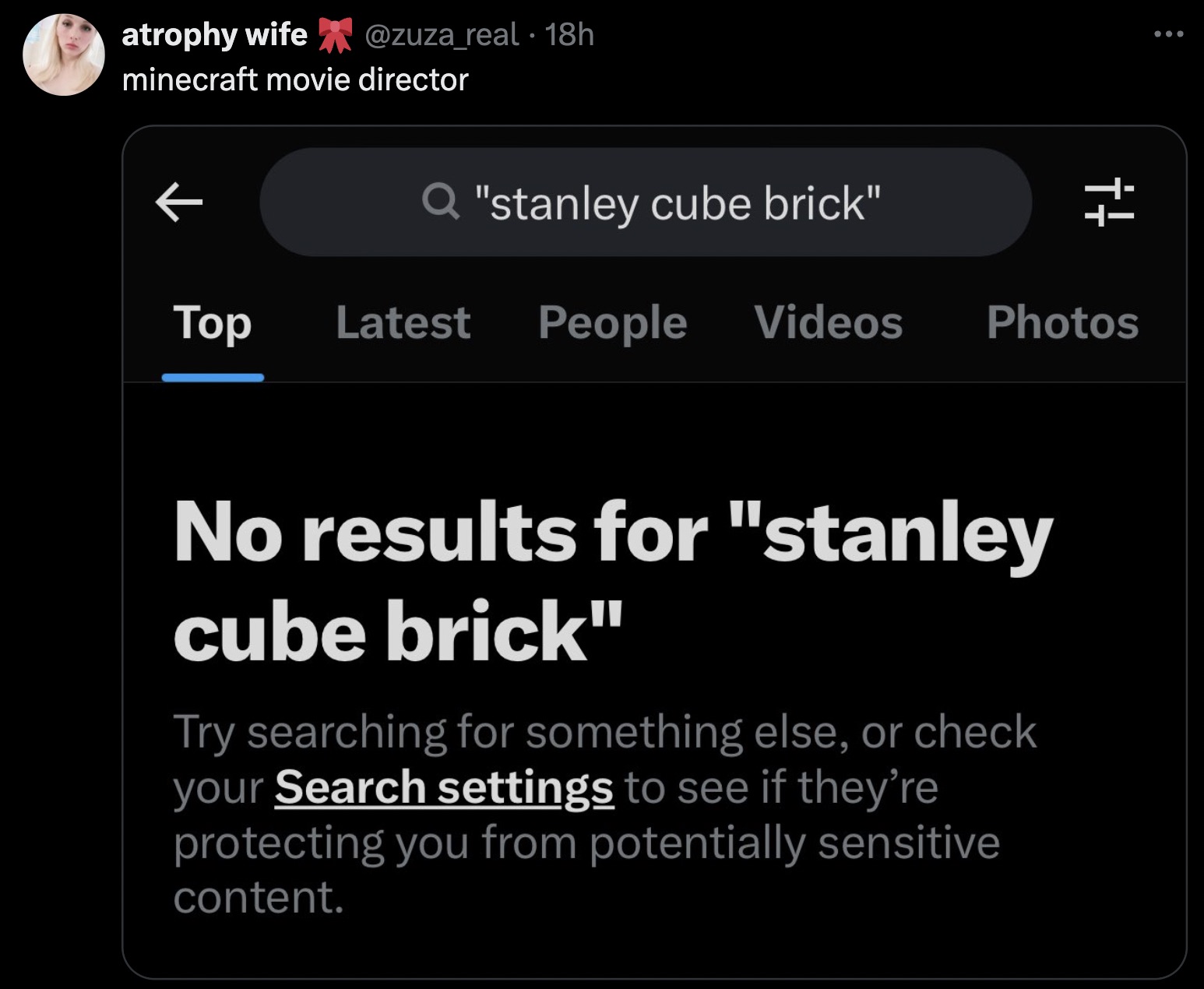 screenshot - atrophy wife 18h minecraft movie director Q "stanley cube brick" Top Latest People Videos Photos No results for "stanley cube brick" Try searching for something else, or check your Search settings to see if they're protecting you from potenti